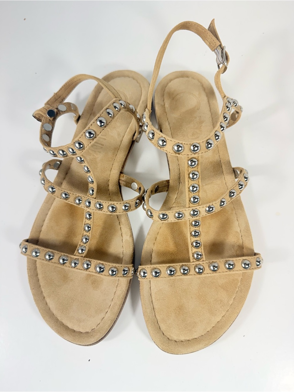 Donna Carolina Beige Suede Studded Flat Sandals T-Strap Women's EU 38 US 8